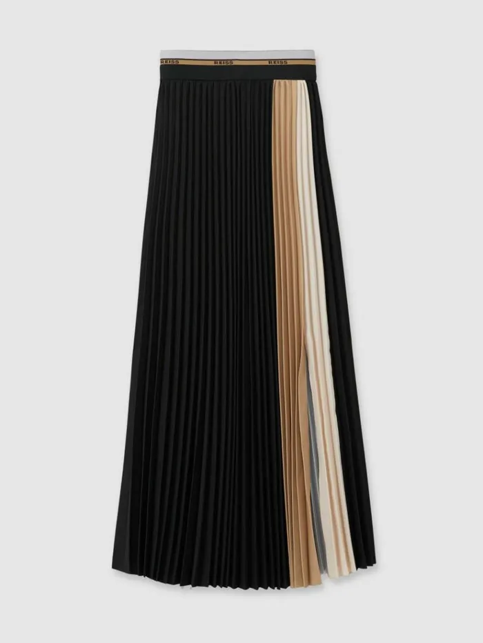 REISS Skirts Women Pleated Waistband Detail Midi Skirt Black