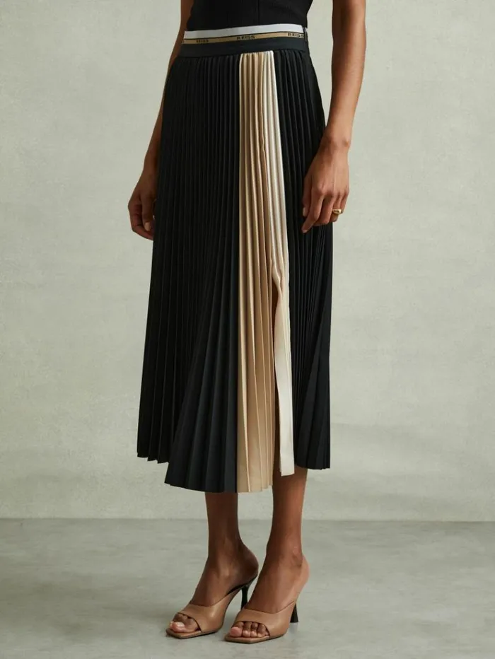 REISS Skirts Women Pleated Waistband Detail Midi Skirt Black