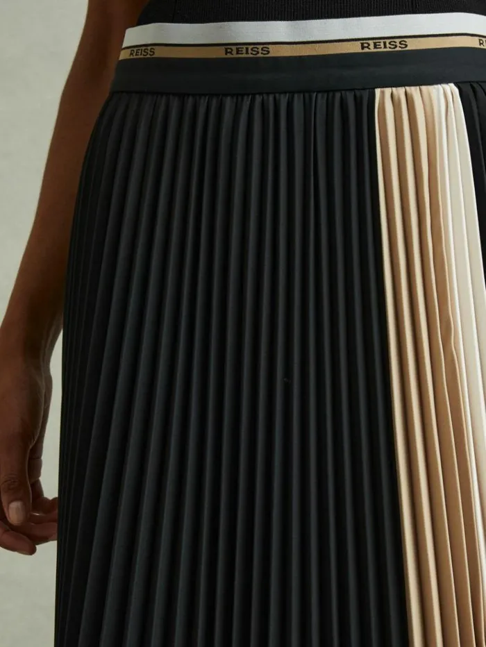 REISS Skirts Women Pleated Waistband Detail Midi Skirt Black