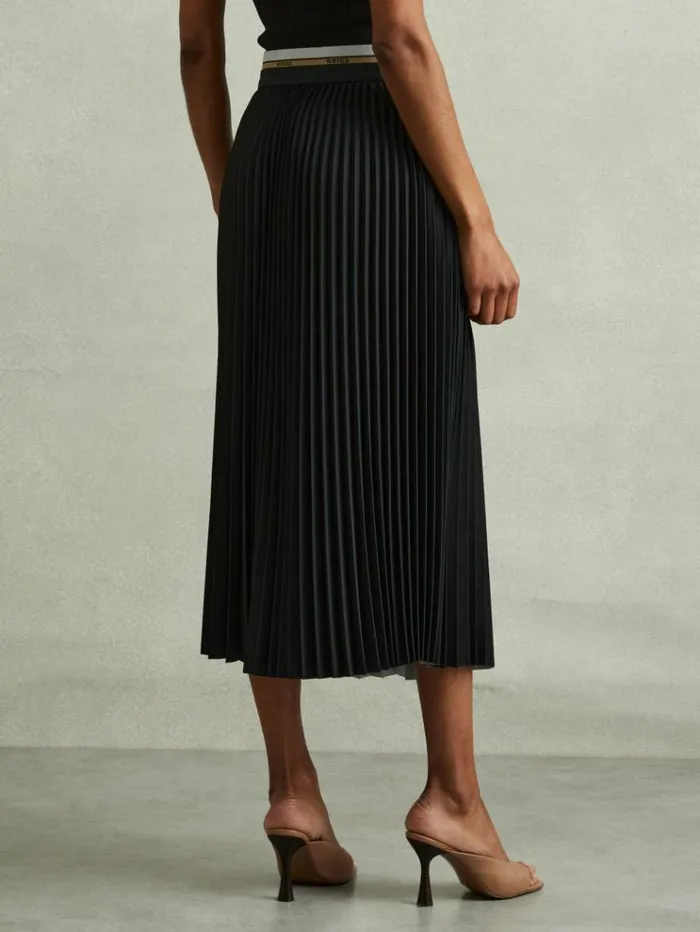 REISS Skirts Women Pleated Waistband Detail Midi Skirt Black