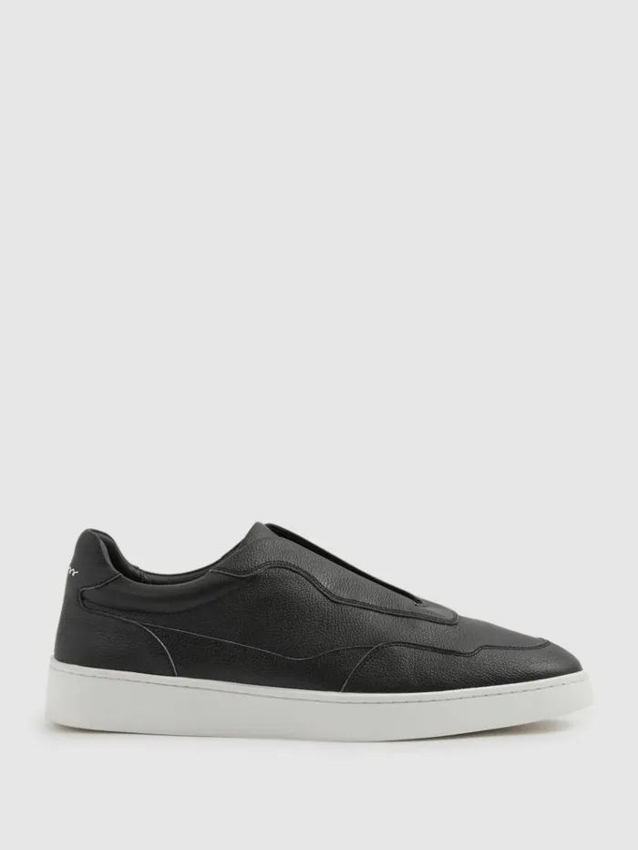 REISS Sneakers Men Grained Leather Elasticated Lace Trainers Black