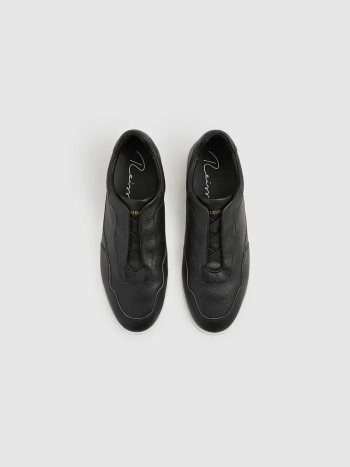 REISS Sneakers Men Grained Leather Elasticated Lace Trainers Black