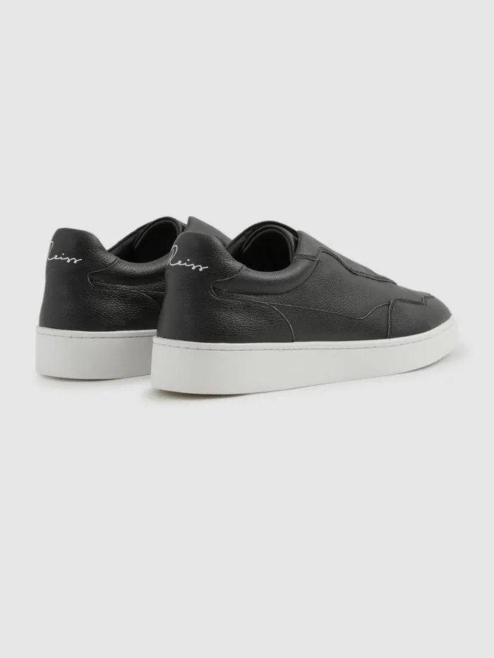 REISS Sneakers Men Grained Leather Elasticated Lace Trainers Black