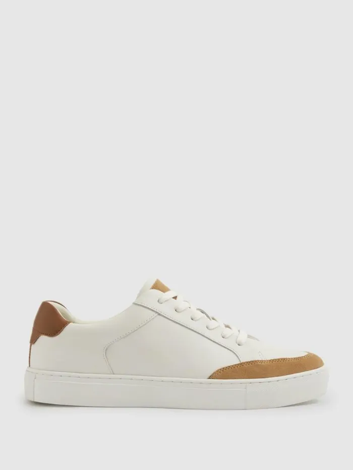 REISS Sneakers Men Leather Suede Detail Trainers Camelecru