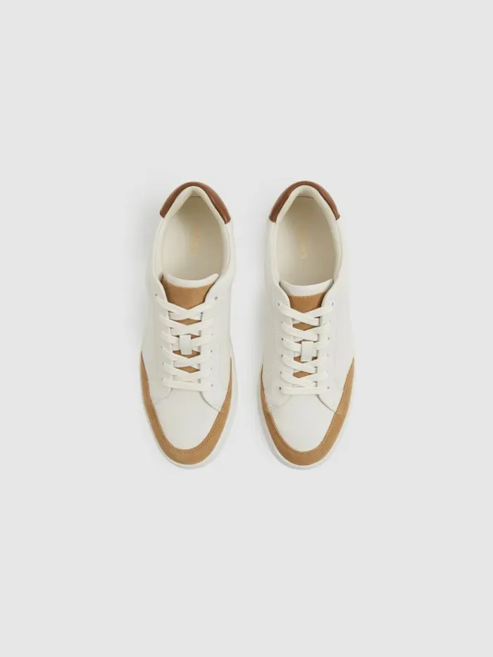 REISS Sneakers Men Leather Suede Detail Trainers Camelecru