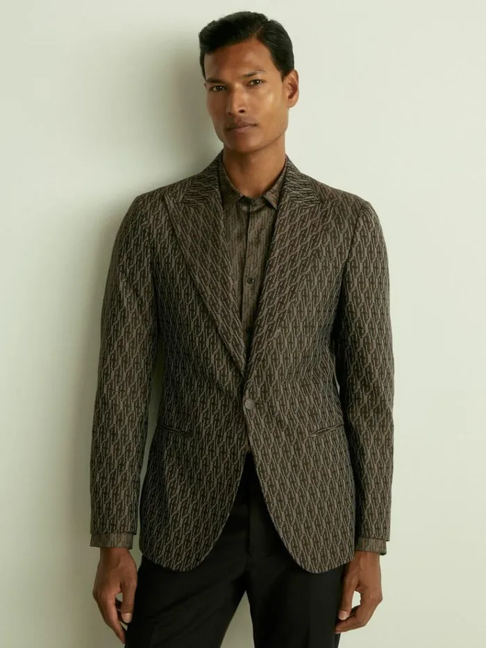 REISS Suits and Tailoring Men MonogramJacquard Twill Blazer Chocolate Brown