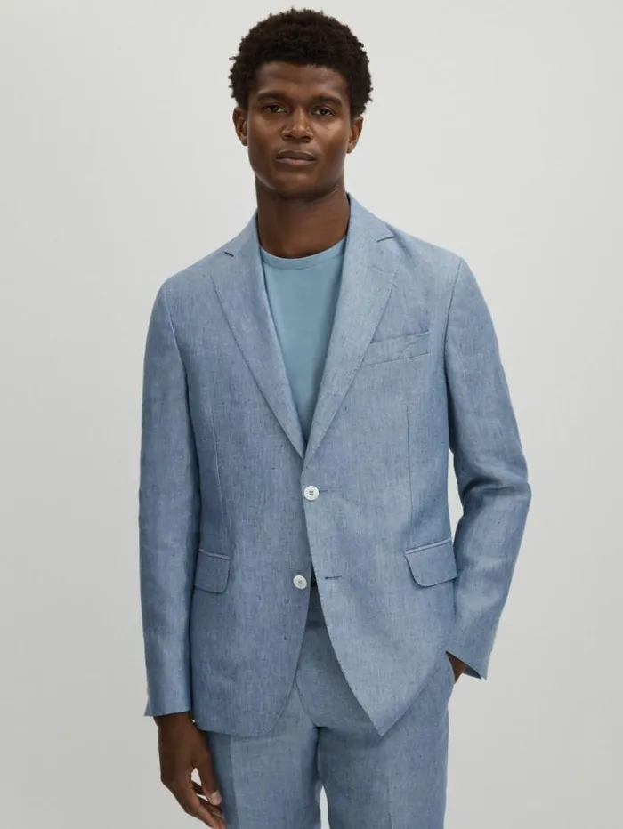 REISS Suits and Tailoring Men Oscar Jacobson 100 Linen Single Breasted Blazer Dark Blue REISS Suits and Tailoring Men Oscar Jacobson 100 Linen Single Breasted Blazer Dark Blue