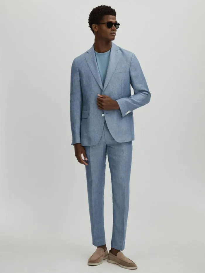 REISS Suits and Tailoring Men Oscar Jacobson 100 Linen Single Breasted Blazer Dark Blue