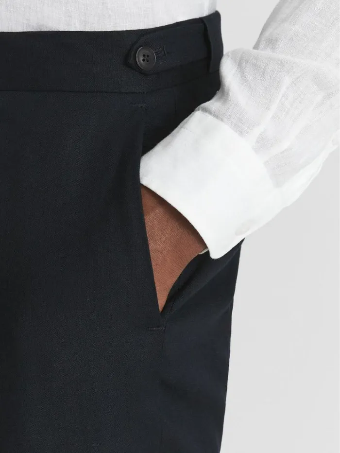 REISS Suits and Tailoring Men Slim Fit Linen Formal Trousers Navy