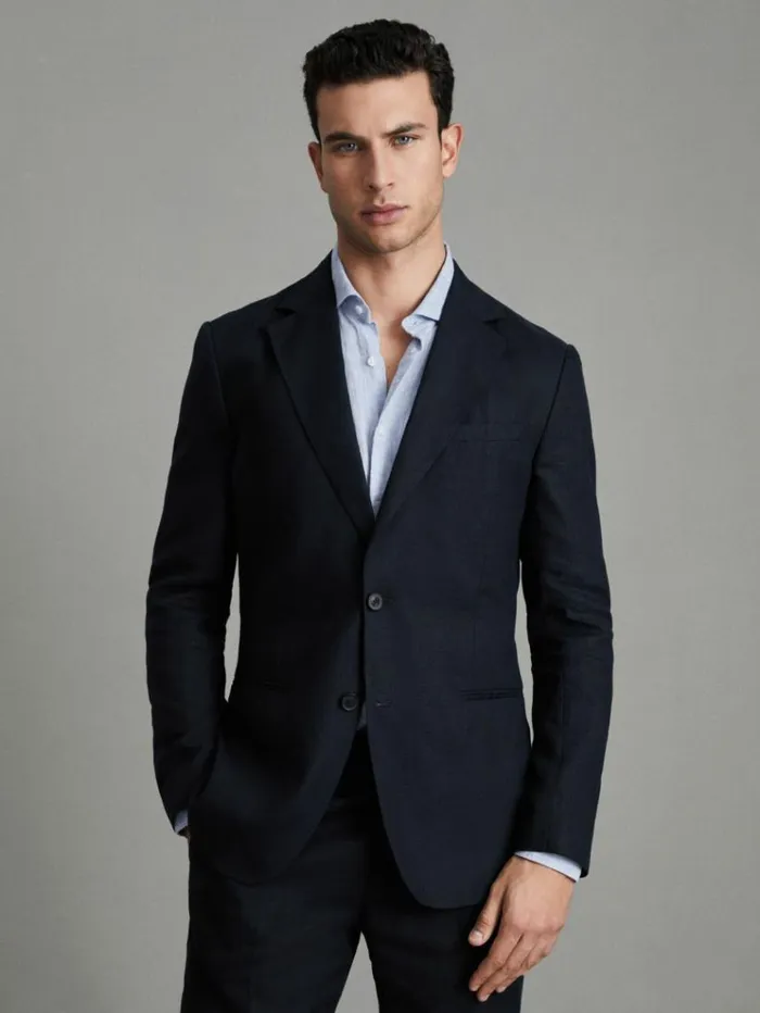 REISS Suits and Tailoring Men Slim Fit Single Breasted Linen Blazer Navy