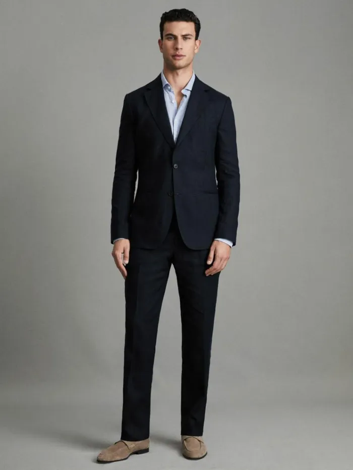 REISS Suits and Tailoring Men Slim Fit Single Breasted Linen Blazer Navy