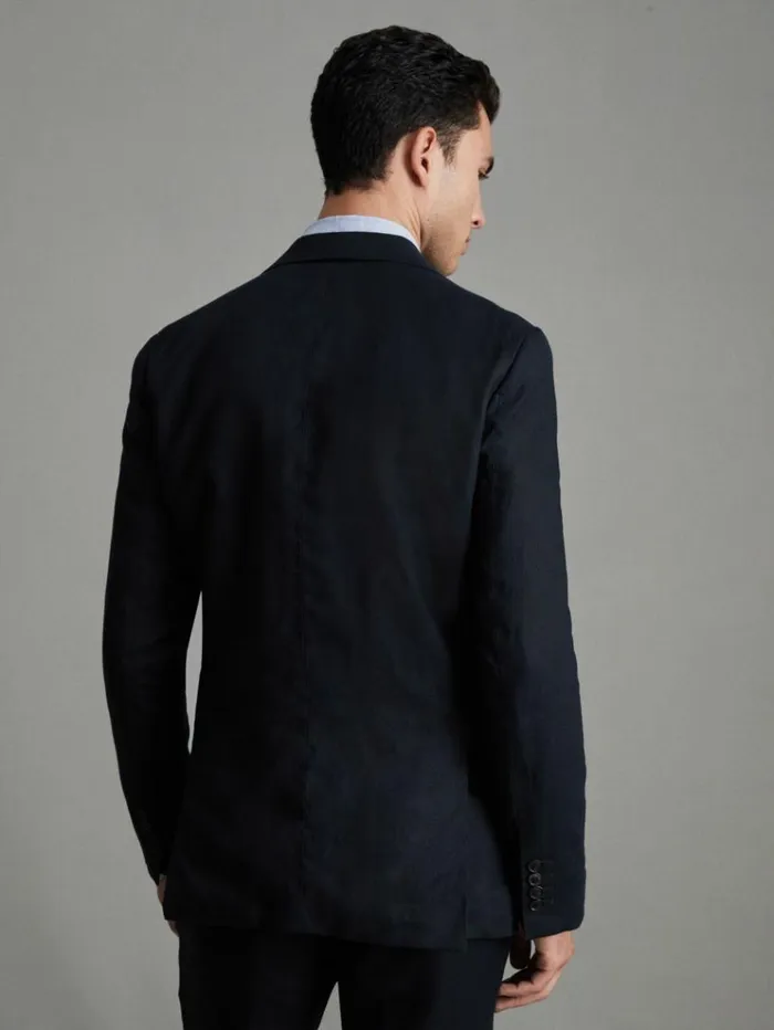 REISS Suits and Tailoring Men Slim Fit Single Breasted Linen Blazer Navy