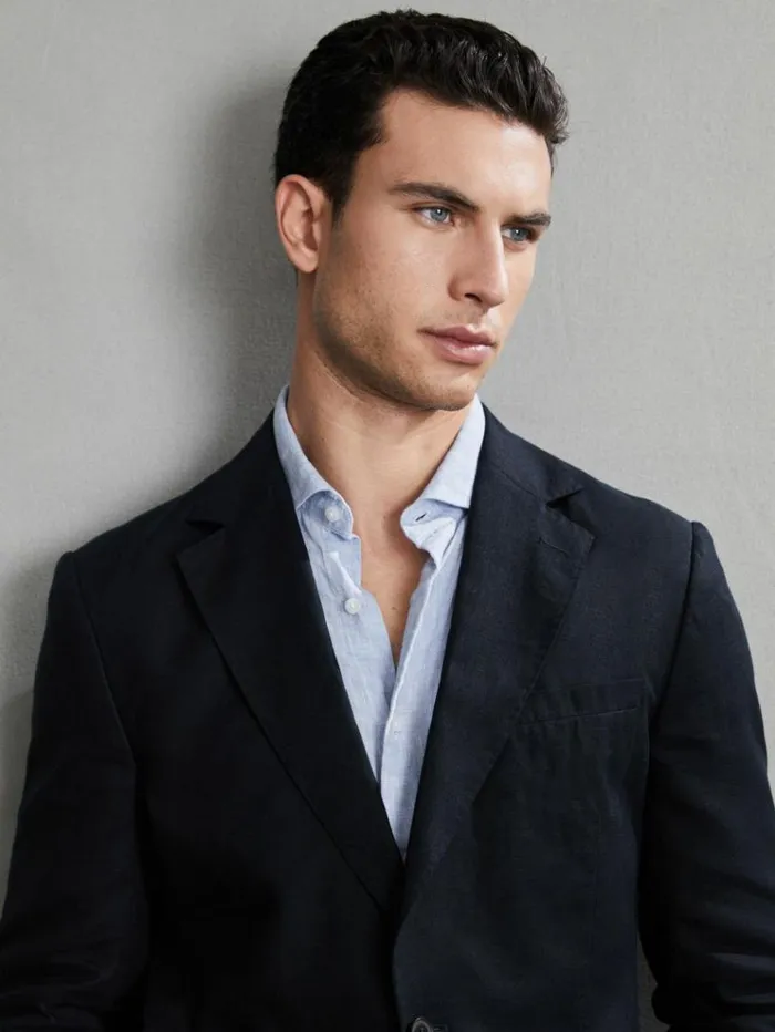 REISS Suits and Tailoring Men Slim Fit Single Breasted Linen Blazer Navy