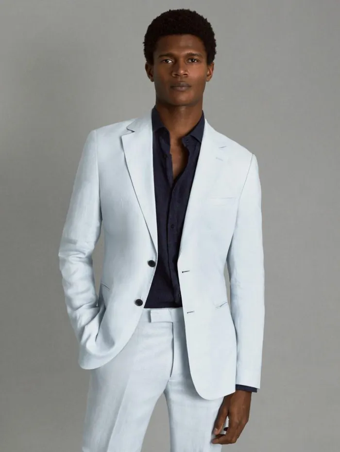 REISS Suits and Tailoring Men Slim Fit Single Breasted Linen Blazer Soft Blue REISS Suits and Tailoring Men Slim Fit Single Breasted Linen Blazer Soft Blue