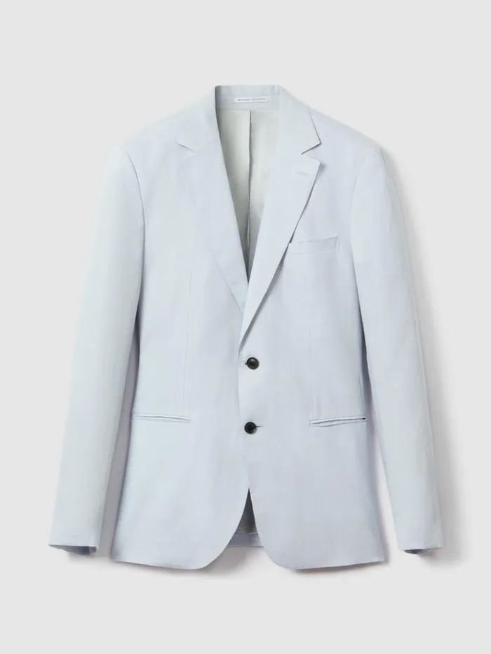 REISS Suits and Tailoring Men Slim Fit Single Breasted Linen Blazer Soft Blue