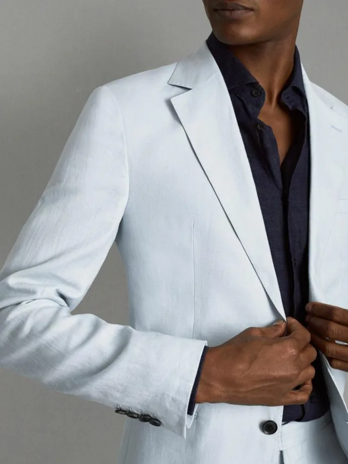 REISS Suits and Tailoring Men Slim Fit Single Breasted Linen Blazer Soft Blue