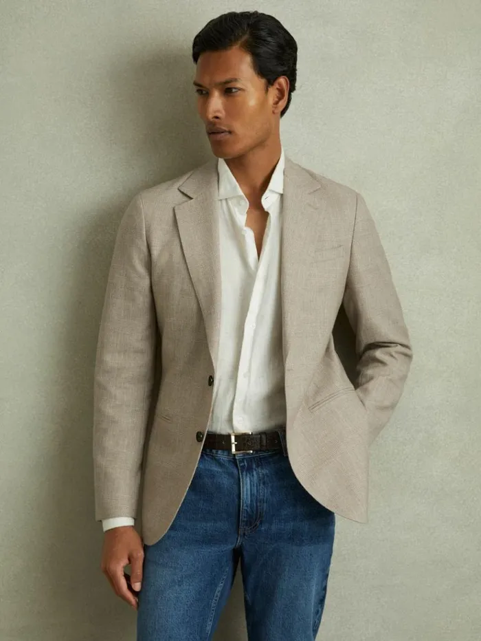 REISS Suits and Tailoring Men WoolLinen Checked Single Breasted Modern Fit Blazer Oatmeal REISS Suits and Tailoring Men WoolLinen Checked Single Breasted Modern Fit Blazer Oatmeal
