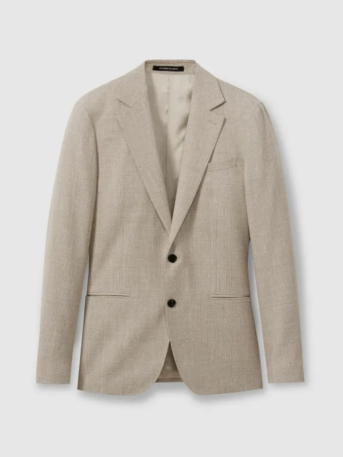 REISS Suits and Tailoring Men WoolLinen Checked Single Breasted Modern Fit Blazer Oatmeal