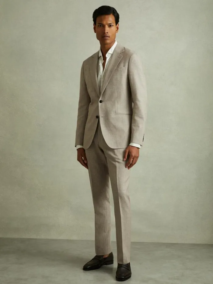 REISS Suits and Tailoring Men WoolLinen Checked Single Breasted Modern Fit Blazer Oatmeal