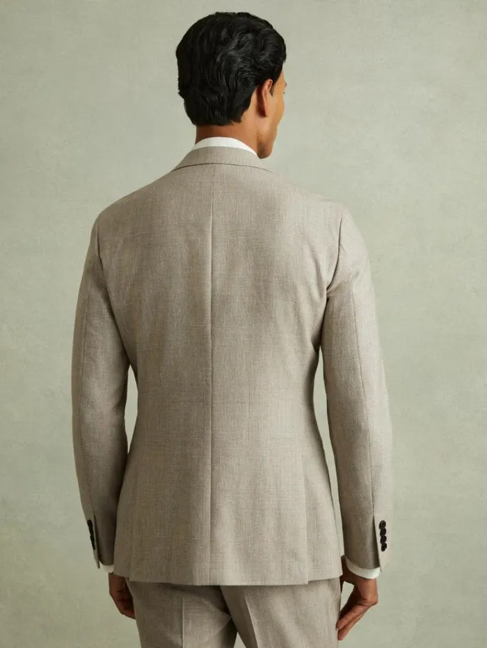 REISS Suits and Tailoring Men WoolLinen Checked Single Breasted Modern Fit Blazer Oatmeal