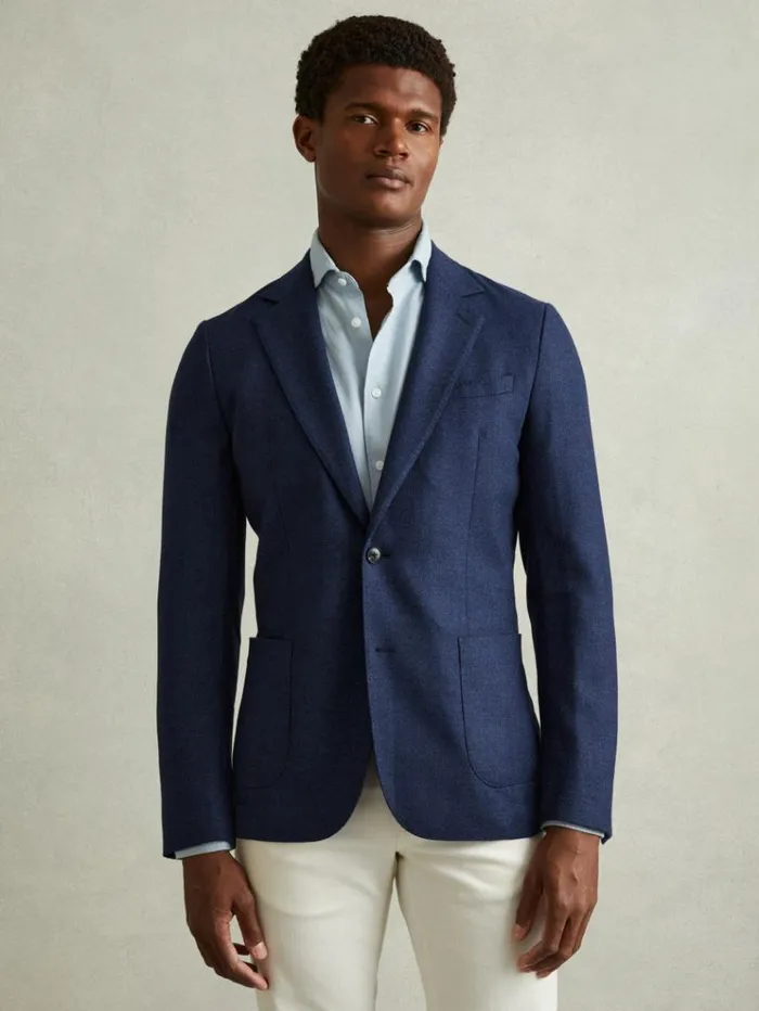 REISS Suits and Tailoring Men WoolSilk Single Breasted Twill Blazer Bright Indigo Melange