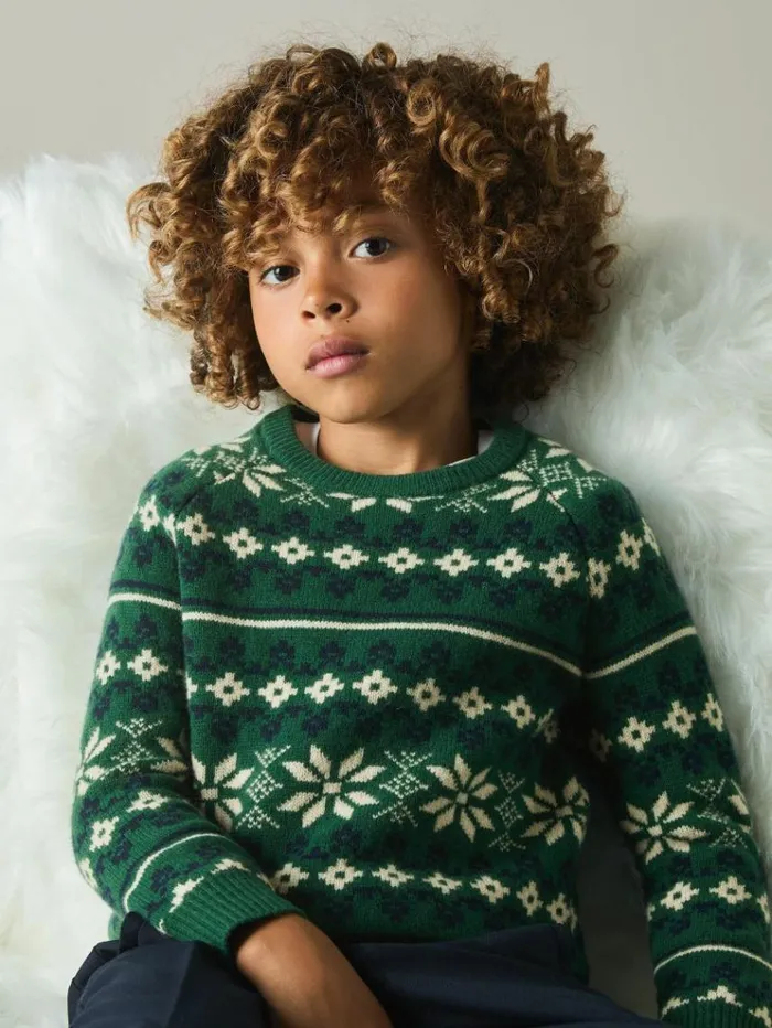 REISS Sweaters Children Merino FairIsle Jumper Greenblueecru