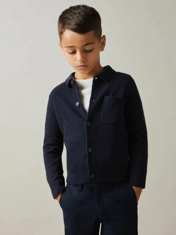 REISS Sweaters Children Wool Cable Knit Cardigan Navy