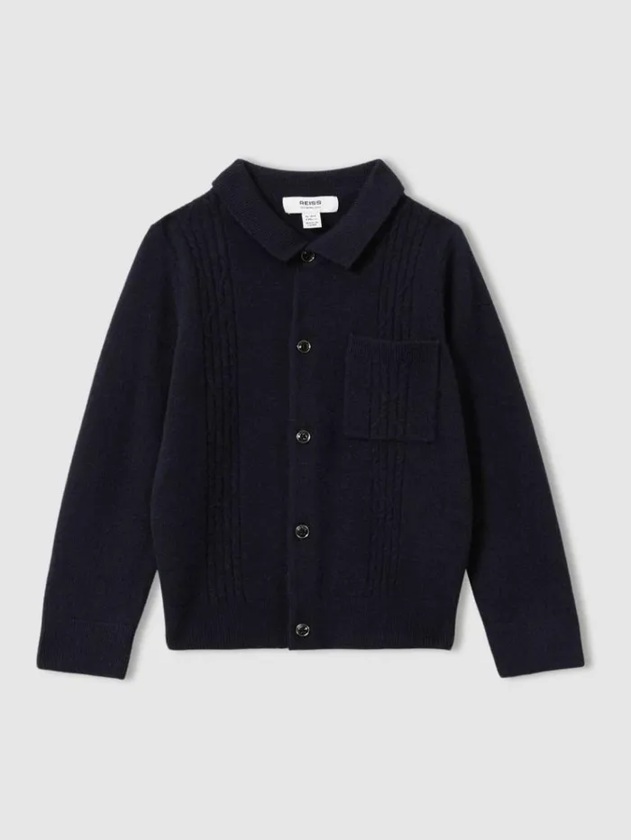 REISS Sweaters Children Wool Cable Knit Cardigan Navy