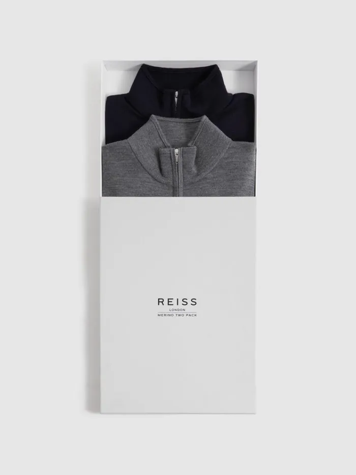REISS Sweaters Men 2 Pack Of Merino Wool ZipNeck Jumpers Navyderby Grey Marl