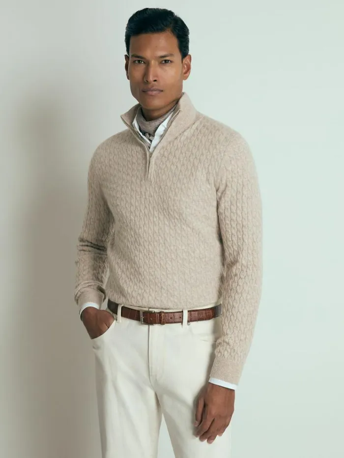 REISS Sweaters Men Atelier Cabled Cashmere Zip Neck Jumper Oatmeal Melange
