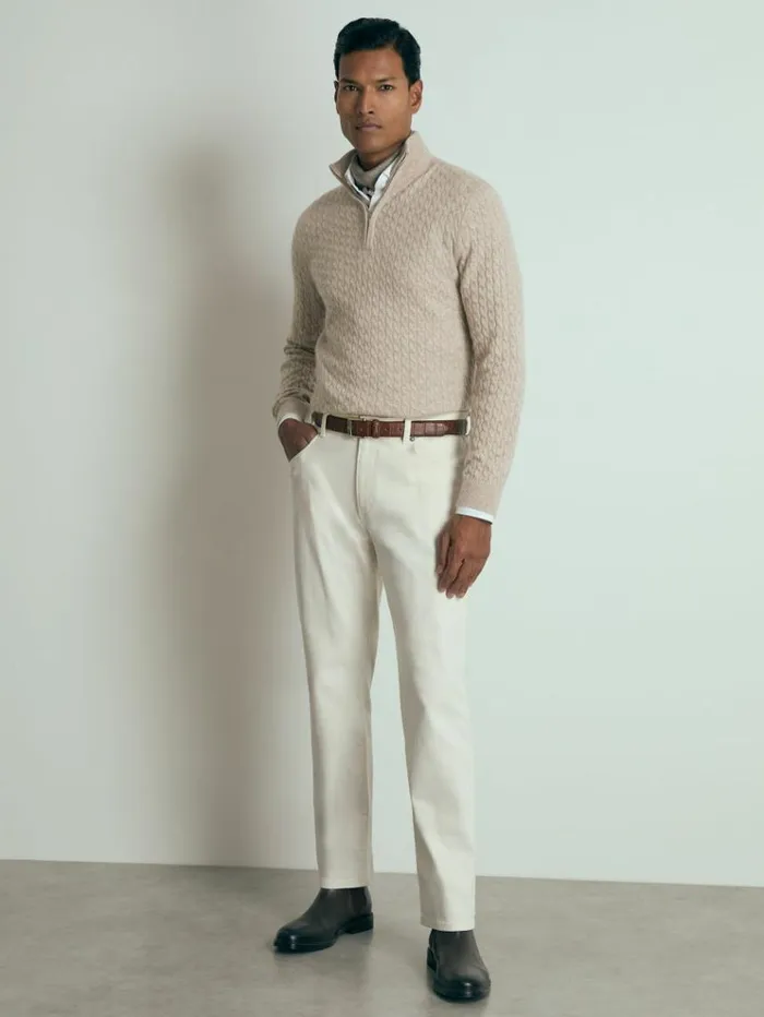 REISS Sweaters Men Atelier Cabled Cashmere Zip Neck Jumper Oatmeal Melange