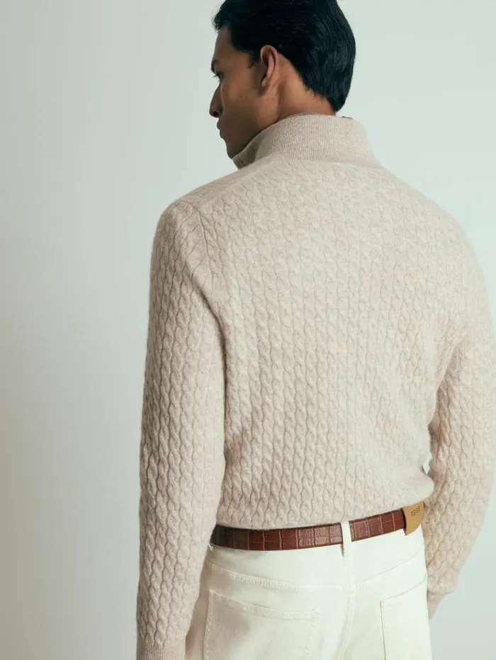 REISS Sweaters Men Atelier Cabled Cashmere Zip Neck Jumper Oatmeal Melange