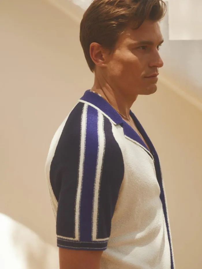 REISS Sweaters Men Ch Towelling Cuban Collar Shirt Whiteblue
