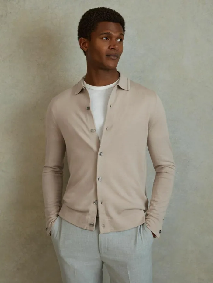 REISS Sweaters Men Merino Wool ButtonThrough Cardigan Washed Stone