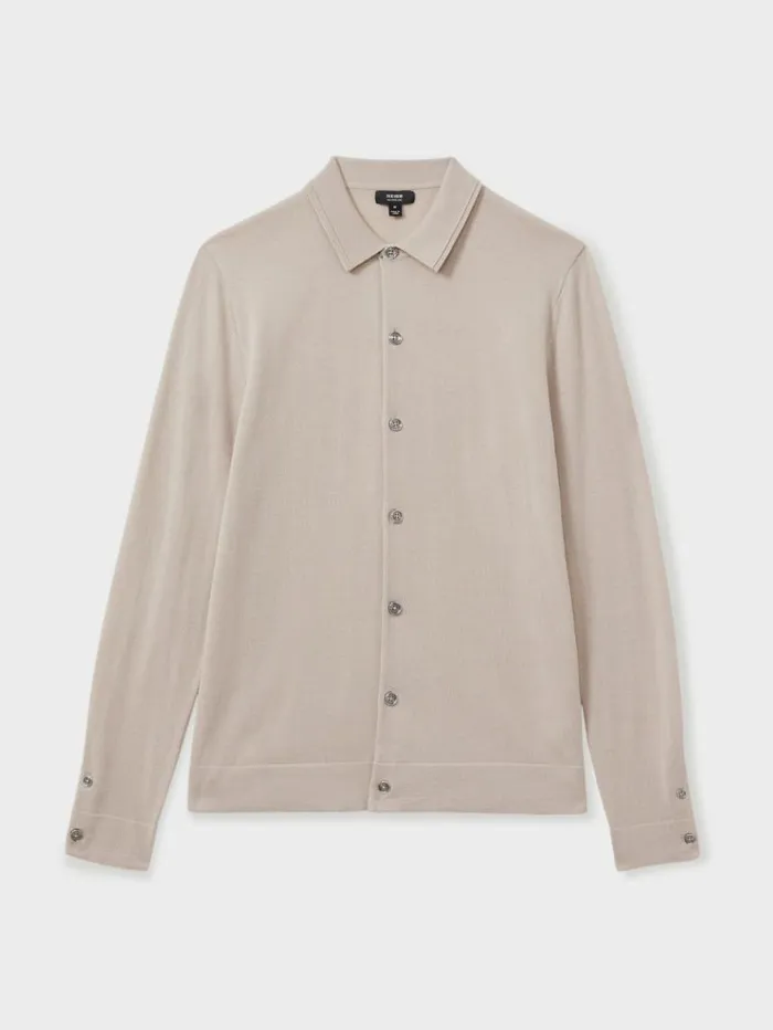 REISS Sweaters Men Merino Wool ButtonThrough Cardigan Washed Stone