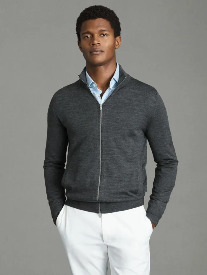REISS Sweaters Men Merino Wool FunnelNeck Cardigan Derby Grey Marl