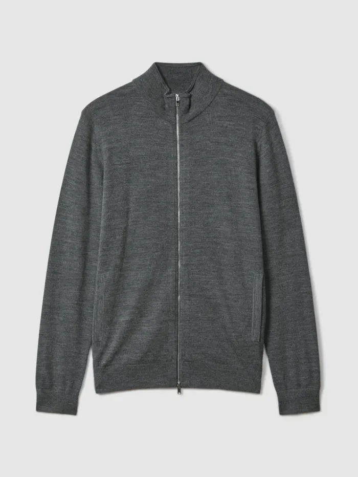 REISS Sweaters Men Merino Wool FunnelNeck Cardigan Derby Grey Marl