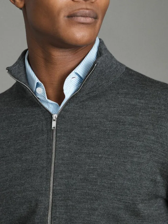 REISS Sweaters Men Merino Wool FunnelNeck Cardigan Derby Grey Marl