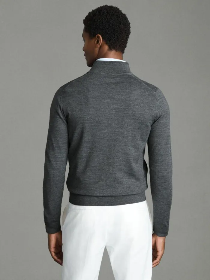 REISS Sweaters Men Merino Wool FunnelNeck Cardigan Derby Grey Marl
