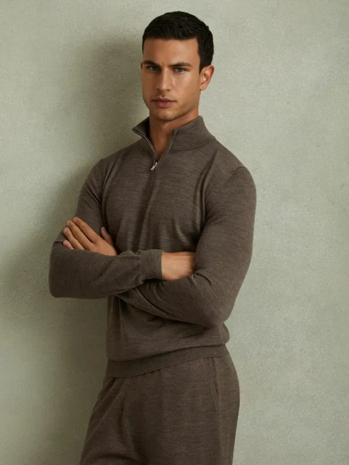 REISS Sweaters Men Merino Wool HalfZip Funnel Neck Jumper Dark Brown Melange