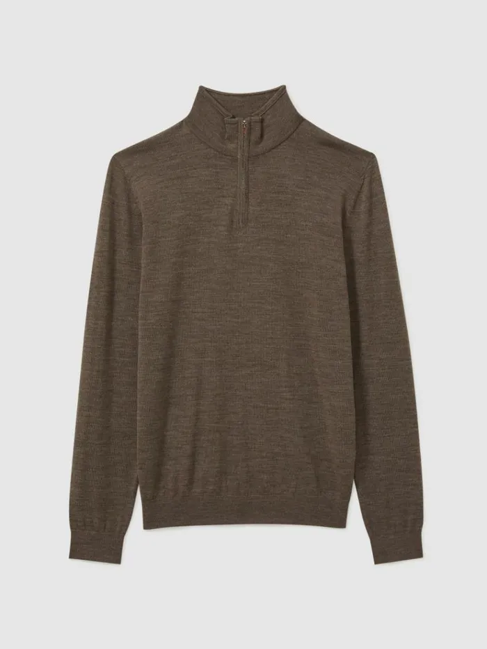 REISS Sweaters Men Merino Wool HalfZip Funnel Neck Jumper Dark Brown Melange