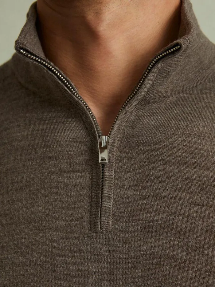 REISS Sweaters Men Merino Wool HalfZip Funnel Neck Jumper Dark Brown Melange