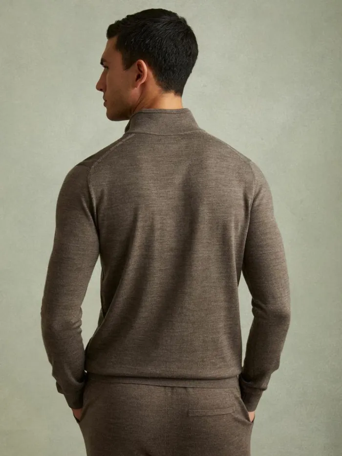 REISS Sweaters Men Merino Wool HalfZip Funnel Neck Jumper Dark Brown Melange