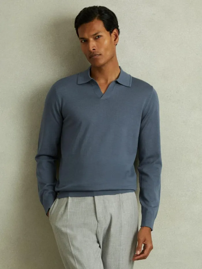 REISS Sweaters Men Merino Wool Open Collar Polo Shirt Airforce Blue