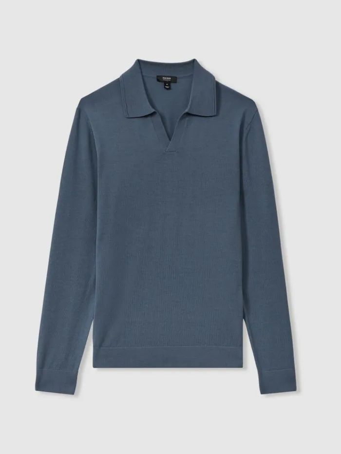 REISS Sweaters Men Merino Wool Open Collar Polo Shirt Airforce Blue