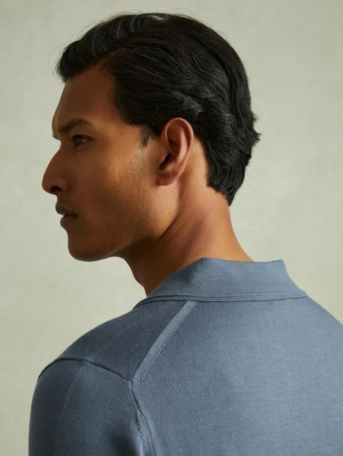 REISS Sweaters Men Merino Wool Open Collar Polo Shirt Airforce Blue