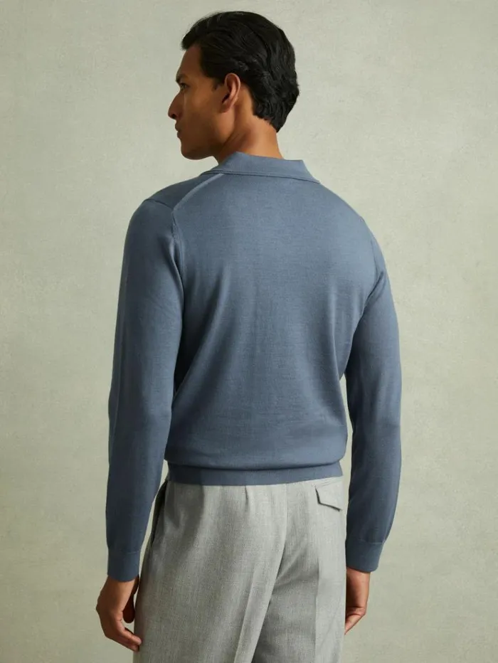 REISS Sweaters Men Merino Wool Open Collar Polo Shirt Airforce Blue