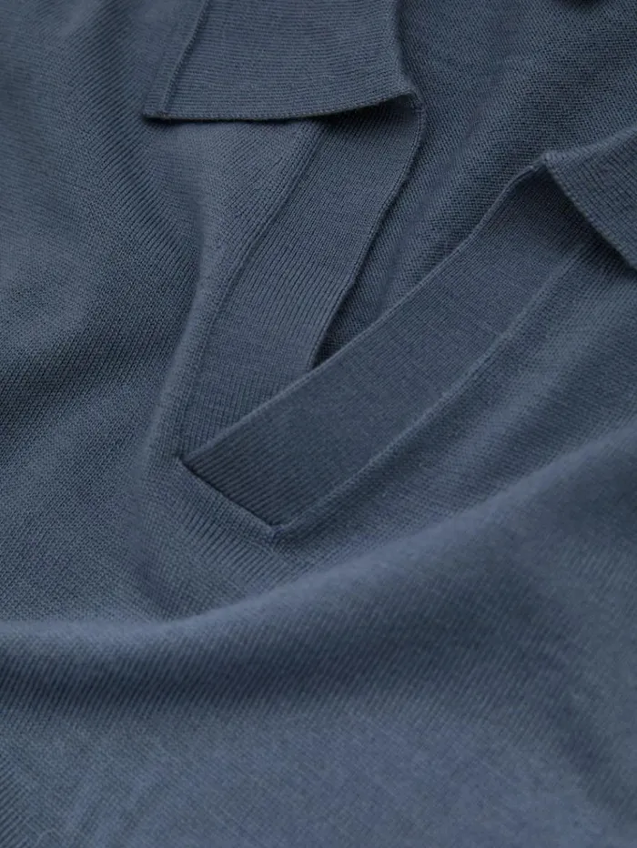 REISS Sweaters Men Merino Wool Open Collar Polo Shirt Airforce Blue
