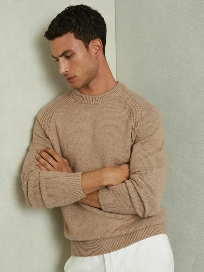 REISS Sweaters Men Wool Blend Raglan Sleeve Jumper Camel Brown