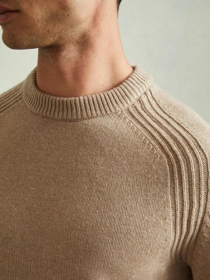 REISS Sweaters Men Wool Blend Raglan Sleeve Jumper Camel Brown
